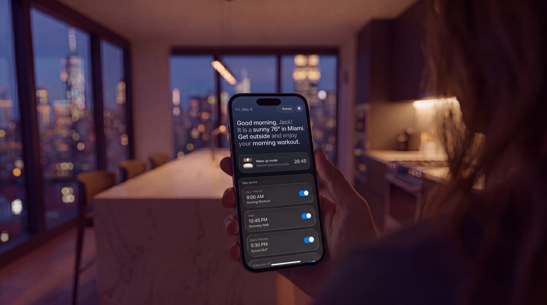 Daybreak app alarm setup screen in a bedroom