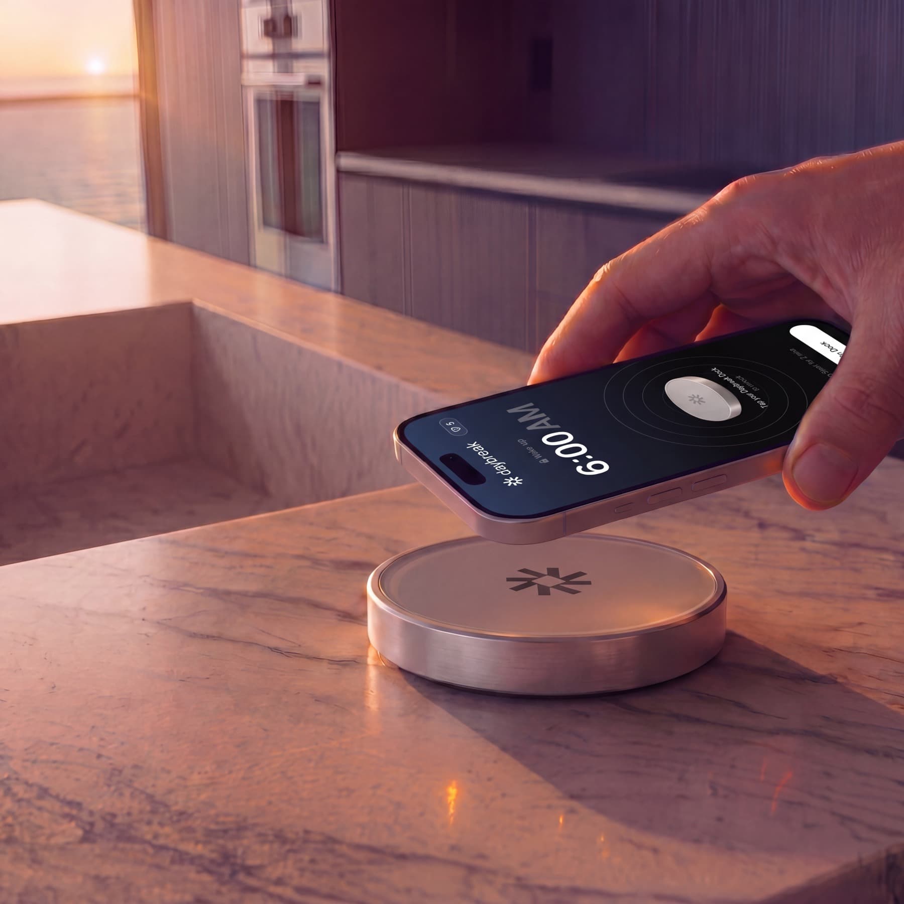Phone scanning the Daybreak Dock to stop an alarm