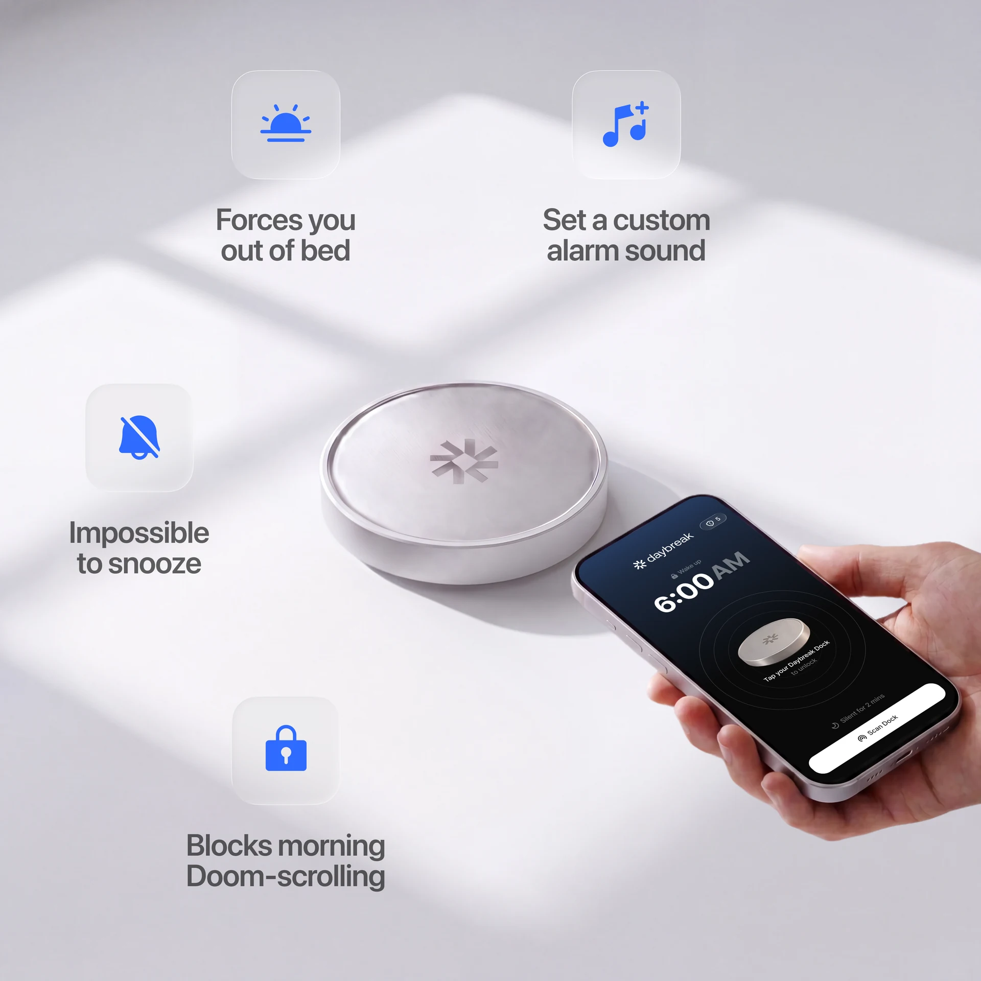 Daybreak Dock and app wake-up screen with morning alarm features