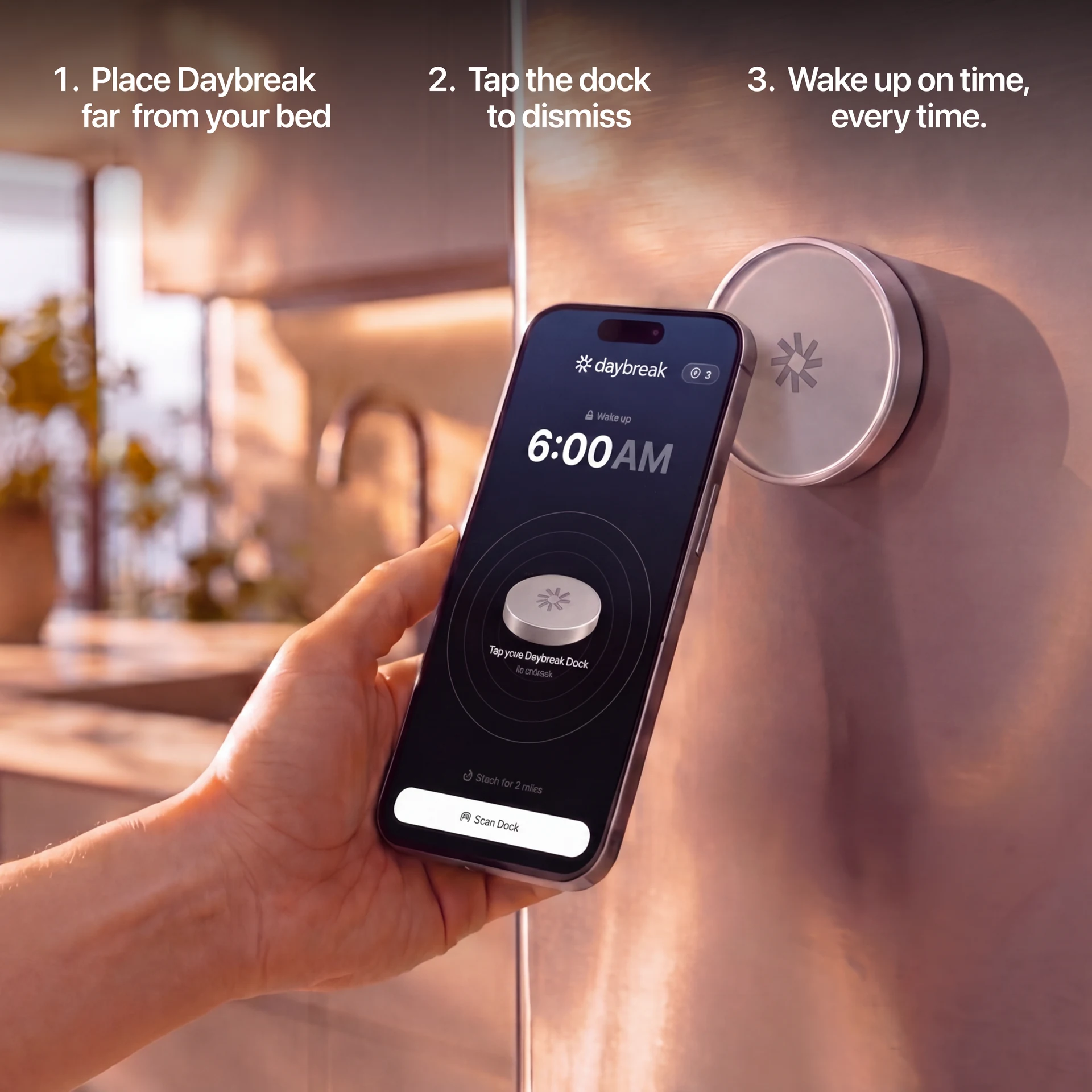 Daybreak app tapping the Dock to dismiss an alarm